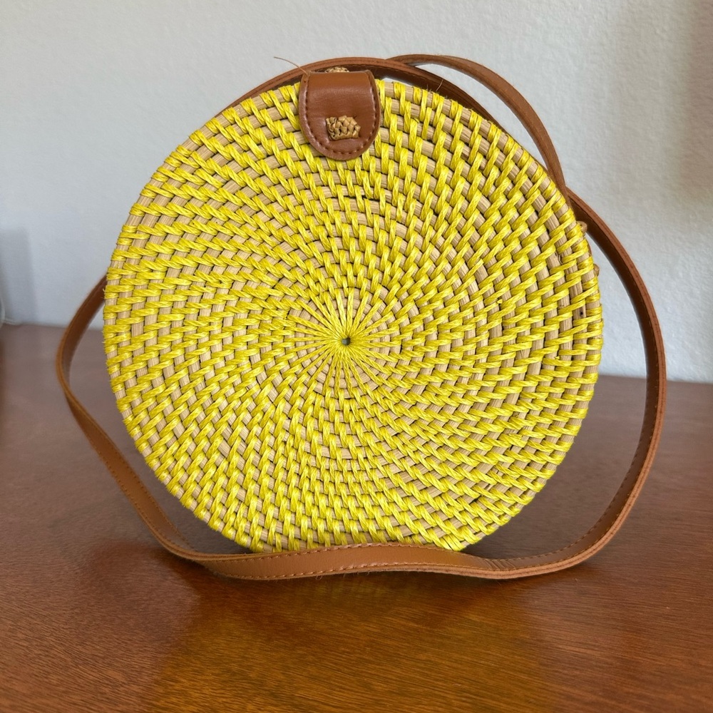 Yellow Wicker Woven Basket Bag with Tan Faux Leather Strap